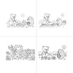 Cute cartoon animals gardening in the spring vegetable garden collection.