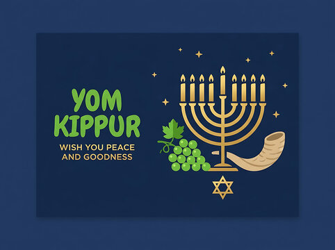 Yom Kippur greeting card with menorah and shofar. Jewish holiday design for peace.