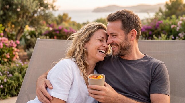 Romantic Couple Enjoying Sunset Cocktail At Luxury Resort