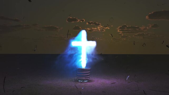 Glowing Cross in Lightbulb Explodes into Blue Spiritual Flame at Sunset