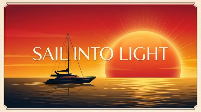 Sail into light luxury yacht sailing on ocean horizon during golden sunset sky