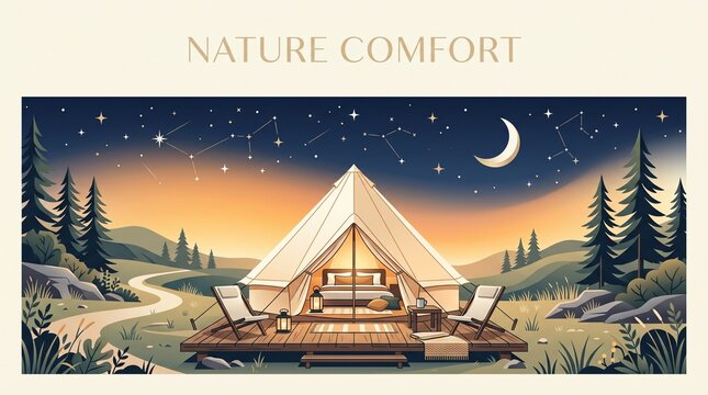 Nature comfort glamping experience at night with starry sky and tent in forest