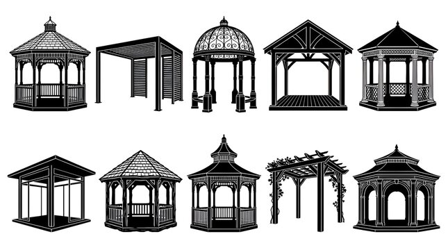 Gazebo and pergola silhouettes set vector illustration with modern and classic garden pavilion designs