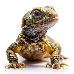 Fototapeta premium Cute baby lizard posing on white background. Adorable juvenile uromastyx reptile staring at camera for pet or wildlife projects.