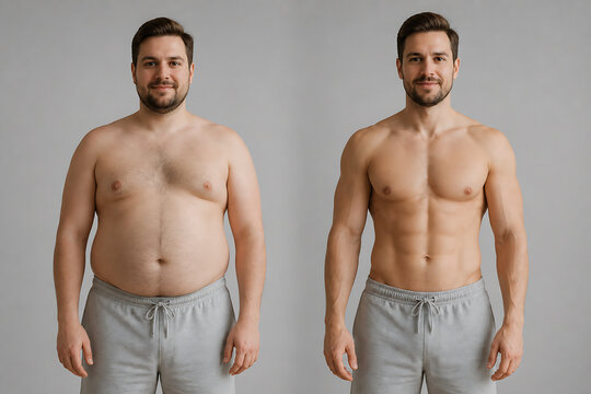 Two men of different body types are standing side-by-side against a plain gray background.