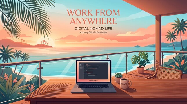 Remote work laptop setup on balcony tropical beach sunset view digital nomad