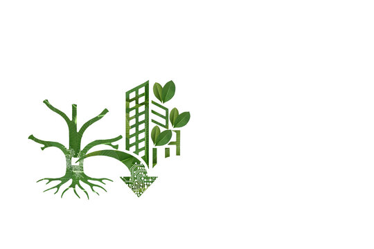 Smart eco building connected to tree root system transfer arrow on white background