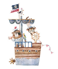 Adorable watercolor illustration of a toy pirate ship featuring a cute bear captain with a spyglass and a monkey at the wheel. Ideal for sea adventure, nursery art, and room decor.
