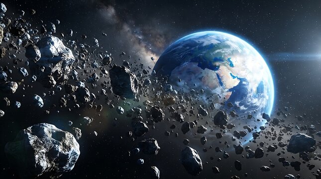 Earth surrounded by a dense field of asteroids in deep space