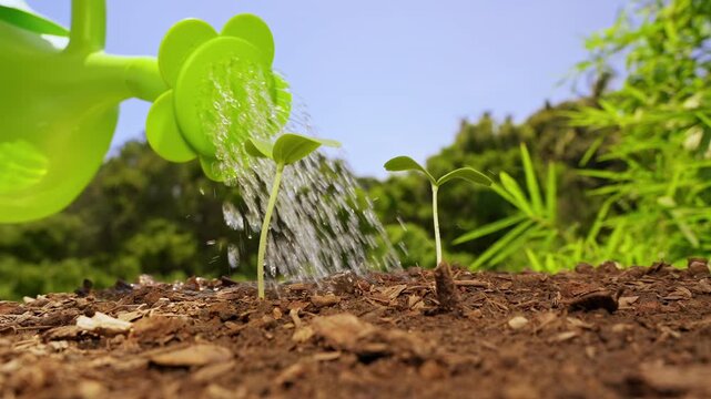 Green Watering Can Showers Two Young Seedlings in Macro Low Angle Slow Motion, Nurturing New Growth in Sunny Garden