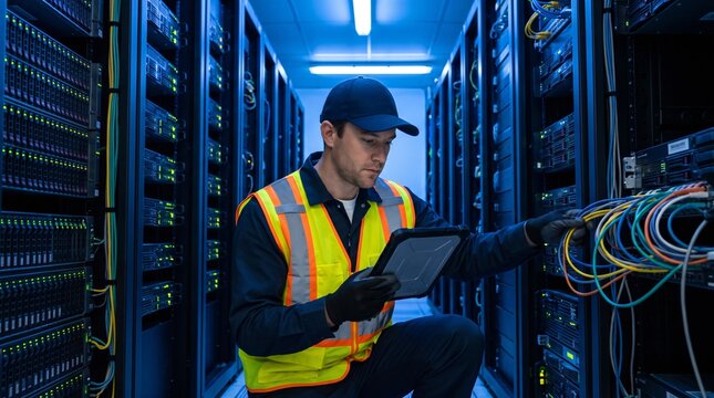Network engineer technician maintaining server rack in data center, checking cables and hardware equipment, IT infrastructure support and cloud computing technology concept