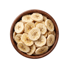 Fototapeta premium Dried Banana Chips in Wooden Bowl, Top View, Healthy Snack