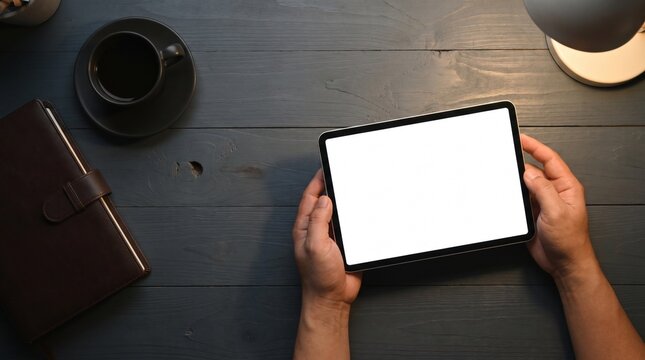Hands holding digital tablet with blank screen. Person using mobile device at office desk.