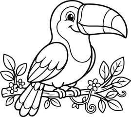 Obraz premium Cute cartoon toucan bird perched on a flowering branch, coloring page for kids
