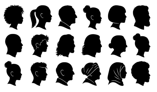 Black Human Profile Silhouette Diverse People Vector Set