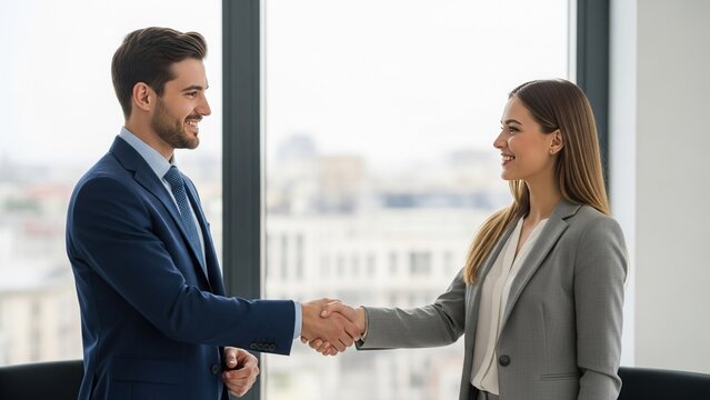 Successful business colleagues shaking hands in modern office setting