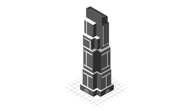Modern minimalist isometric illustration of a tall dark gray skyscraper building on a white grid background.