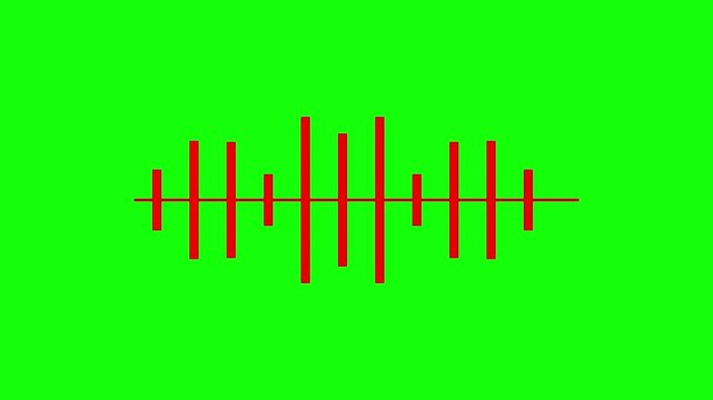 Red audio frequency waveform oscillations displayed against solid bright green chroma key background screen with rhythmic frequency variations