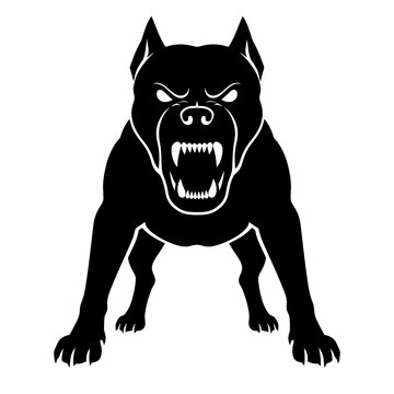 Fierce Guard Dog Front View Black Silhouette with Bared Teeth Warning Icon Isolated on White Background