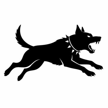 Running Aggressive Attack Dog Black Silhouette with Open Jaws and Spiked Collar Isolated on White Background