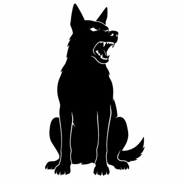 Sitting Fierce Guard Dog Barking Black Silhouette Warning Symbol Isolated on White Background
