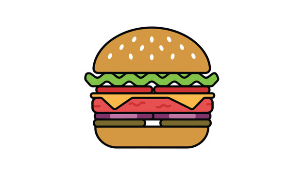 Delicious layered hamburger with sesame seed bun cheese tomato lettuce meat and pickles on a white background.