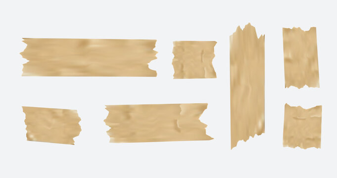 Realistic collection of sticky scotch tape pieces in different sizes, isolated on a white background, ideal packaging