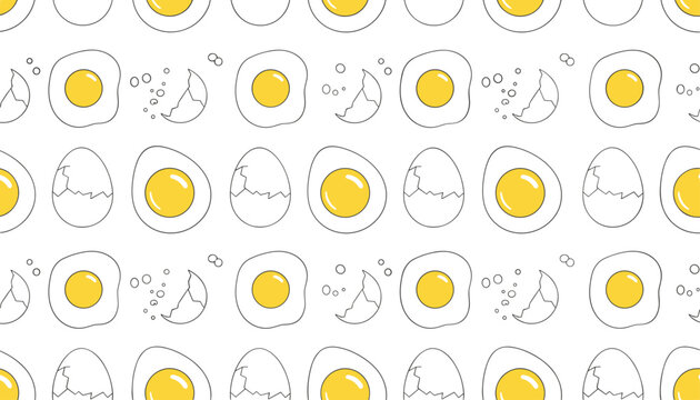Seamless background pattern featuring cute cartoon illustrations of fried eggs, boiled egg halves, and eggshells.