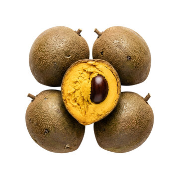 Lucuma fruit group with cross section, whole fresh eggfruit on white background, organic Pouteria lucuma with yellow pulp and seed