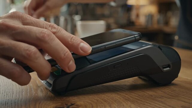 Person tapping mobile phone on payment terminal with check mark confirmation display