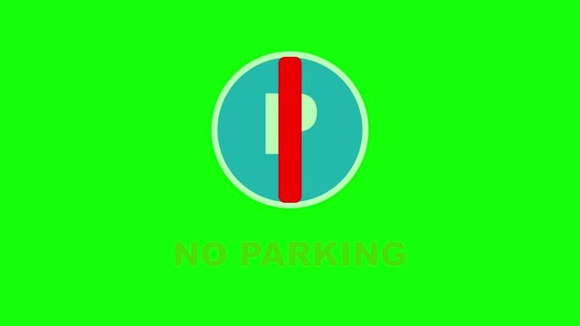 Parking allowed and prohibited signs set displayed against a solid bright green background screen with circular signs with three distinct circular