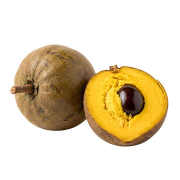 Fresh lucuma fruit with cross section showing yellow pulp and seed, whole and halved exotic eggfruit isolated on white background, organic superfood