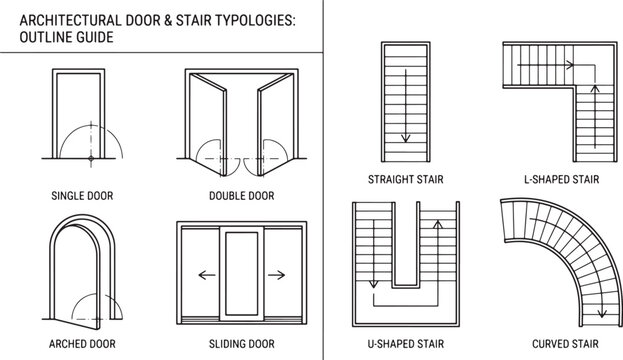 Architectural guide showing various door and stair typologies as technical line drawings for building design projects