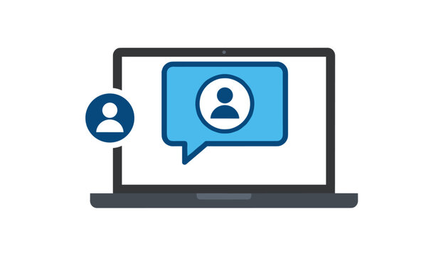 Laptop screen showing online communication icon with user profile and speech bubble isolated on white background.