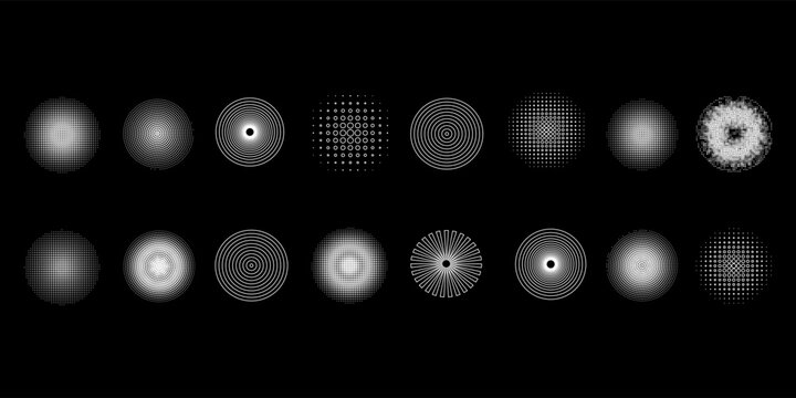 Halftone radial gradient collection. Dotted texture round patterns. Comic faded circles background set. Abstract pixelated elements for frame, poster, collage, banner, flyer. Vector cartoon bundle