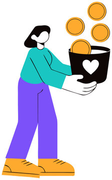 Woman catching falling gold coins into a donation bucket with a heart, flat vector illustration concept of fundraising, charity, and philanthropy