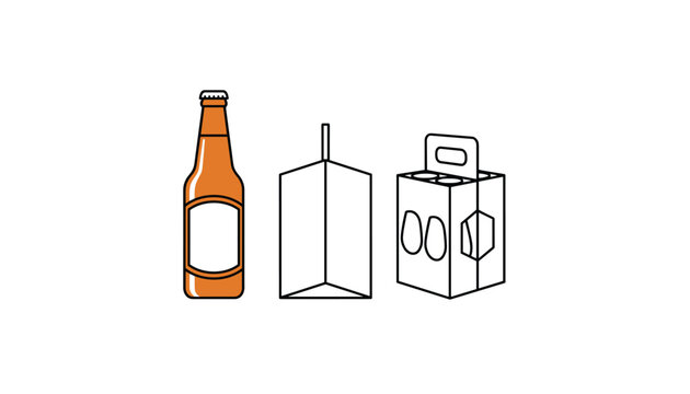 Detailed line art illustration of a brown beer bottle alongside its cardboard gift box and four pack bottle carrier.