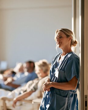Caregiver enjoying a calm moment with elderly residents in a nursing home after completing daily duties, emphasizing compassionate care, senior wellbeing and healthcare support