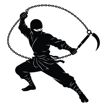 a shadow ninja spinning a chained kusarigama. Vector Silhouette Black and White