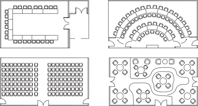 Set of four architectural floor plan layouts showing various seating arrangements for conference rooms and event halls