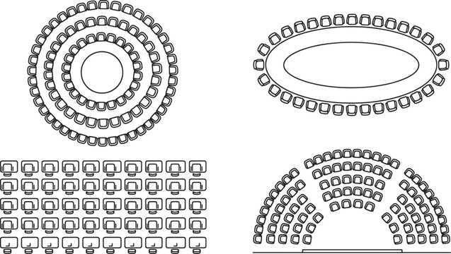Set of seating arrangement floor plans for conference rooms and auditoriums in black and white vector illustration