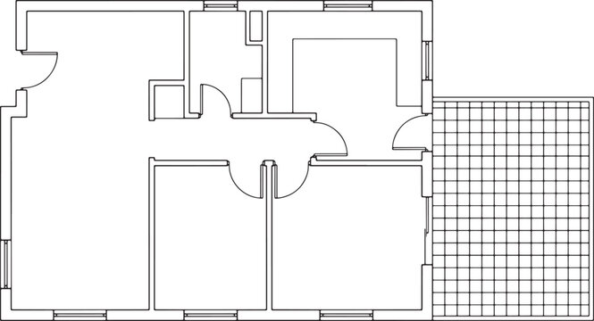 Simple residential floor plan layout with multiple rooms and an outdoor patio area in black line art