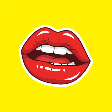 Pop art open red lips biting tongue sticker vector illustration isolated on bright yellow background