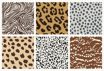 Obraz premium Hand drawn African animal skin prints in a natural color palette. Set of seamless patterns. Jaguar, zebra, cheetah, hyena, dappled deer for fashion, fabric and branding design. Swatches included