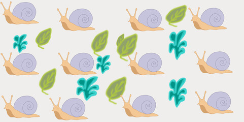 Obraz premium Cute seamless pattern with cartoon snails and leaves