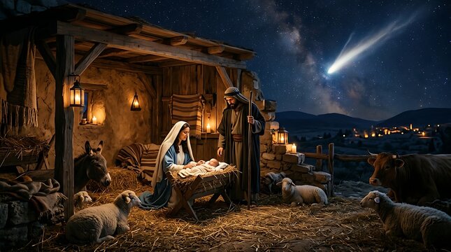 Nativity scene with baby jesus, mary, and joseph in a stable under a starry night sky with a bright comet, traditional christmas religious depiction