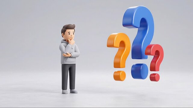 Seamless loop 3D animation of a thinking man looking at floating question marks with copy space