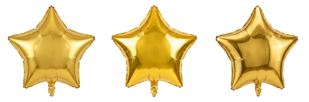 Three gold star balloons isolated on transparent background