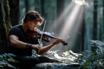 Fototapeta premium Young musician plays violin in a serene forest surrounded by sunlight