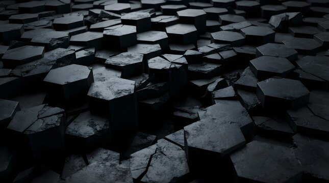 Abstract dark basalt column background texture with broken and cracked hexagonal stone pillars in moody lighting